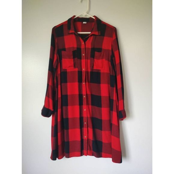 Old Navy Dresses & Skirts - Old Navy red and black buffalo plaid swing dress long sleeves size large